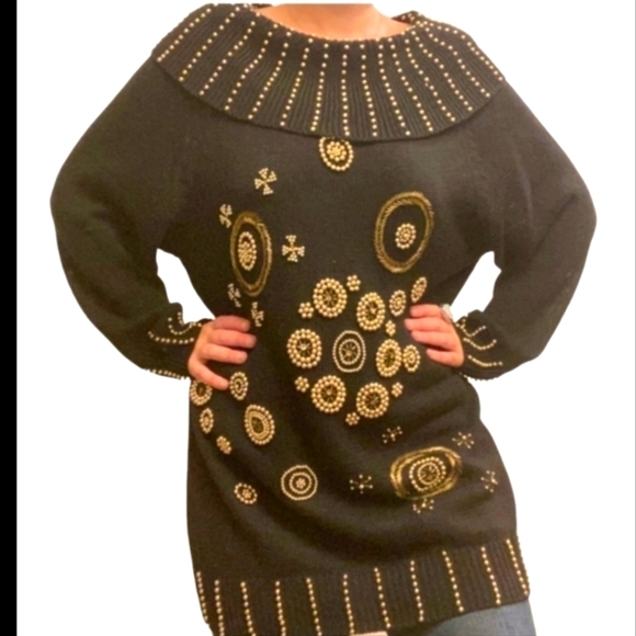 Vtg 80s black knit gold beads "Dynasty" style cotton tunic cowl sweater sz S - Picture 1 of 16